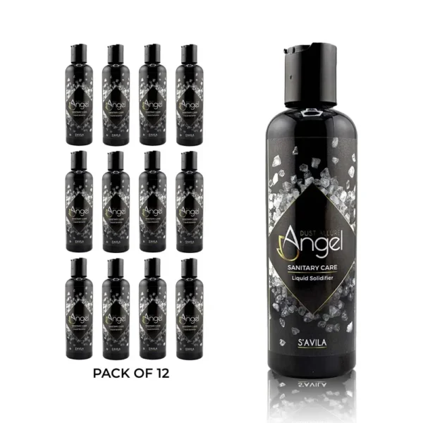Angel Dust Allure sanitary care liquid solidifier pack of 12 bottles, product bundle image.