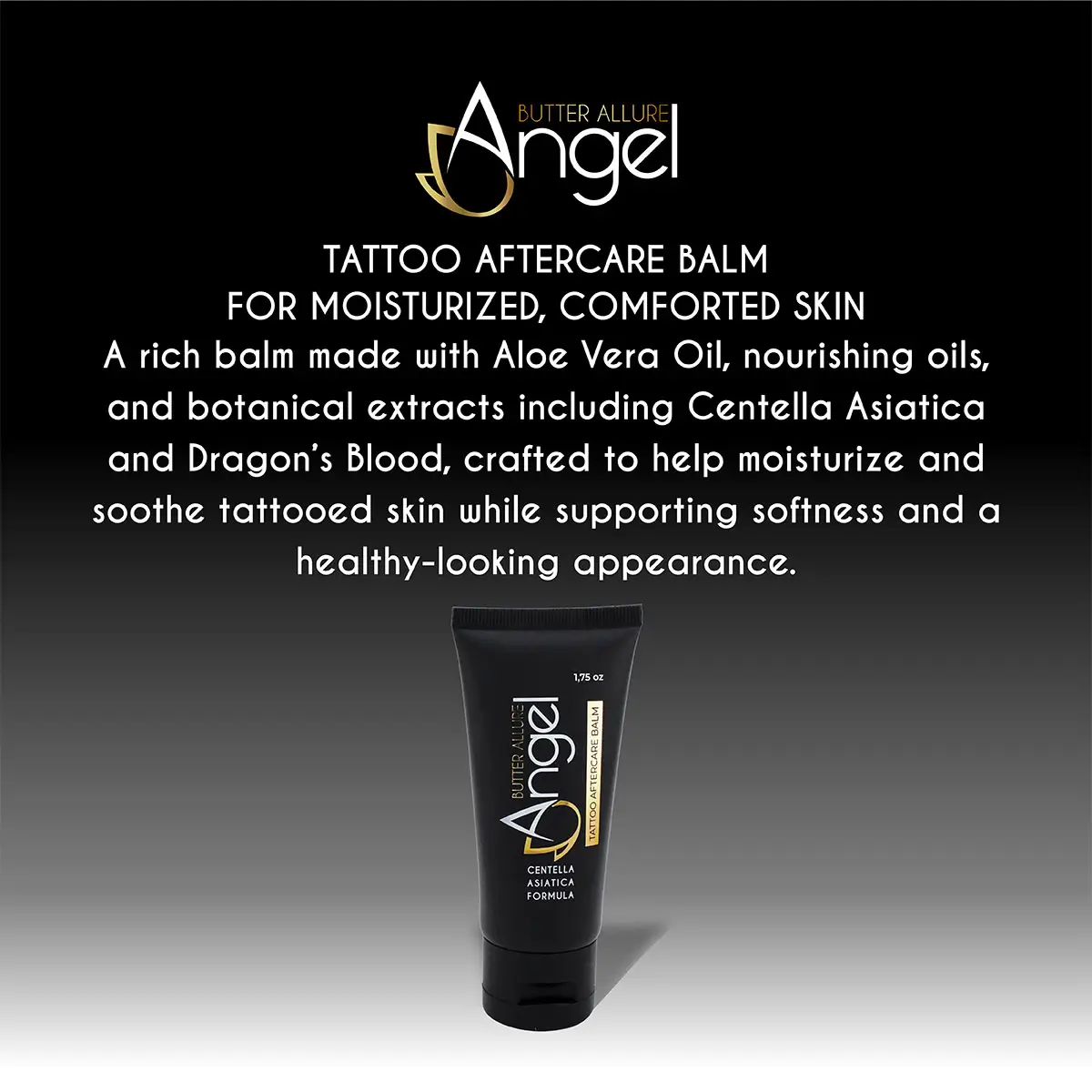 Angel Butter Allure Tattoo Aftercare Balm promo image with text about moisturizing and soothing tattooed skin.