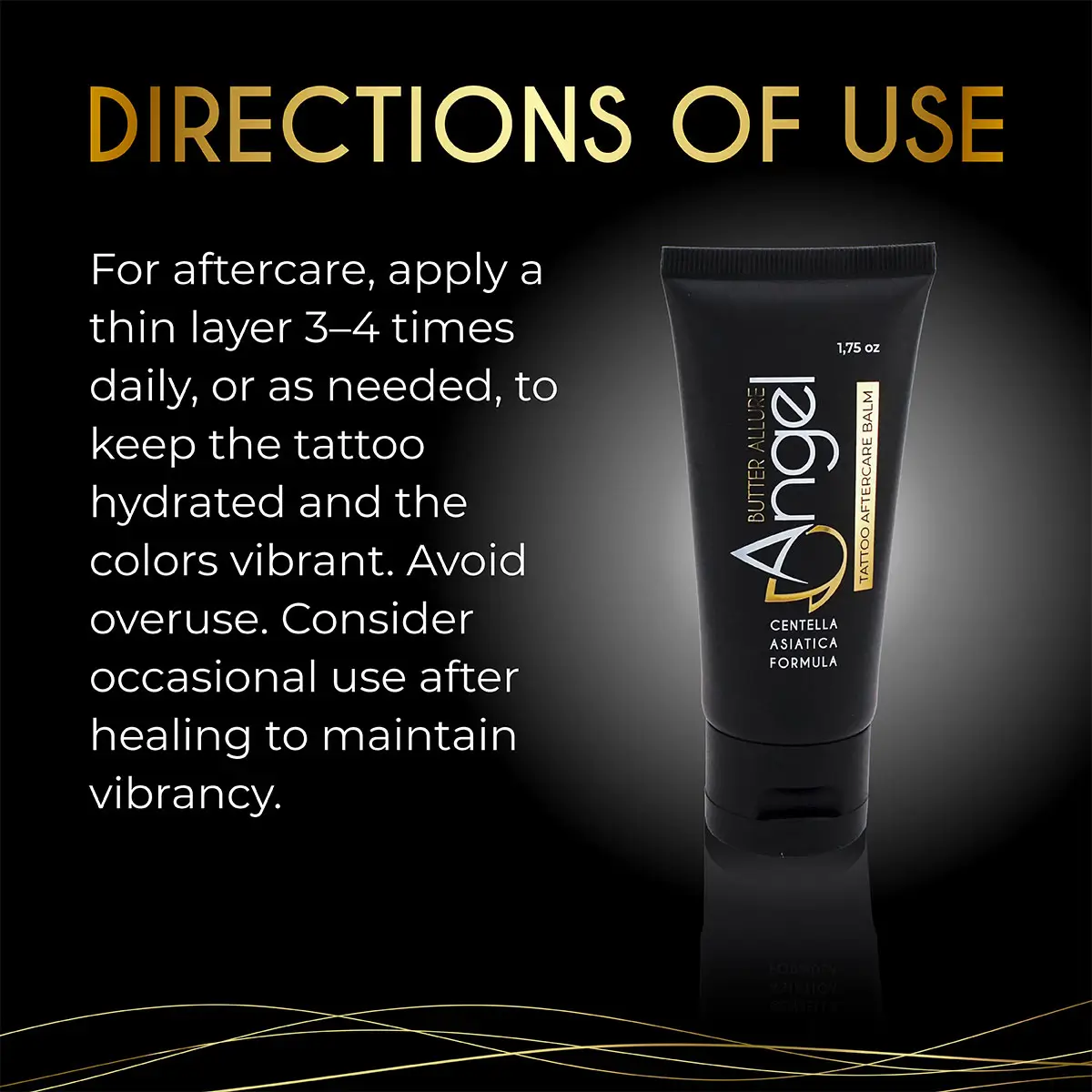 Directions of use graphic for Angel Butter Allure Tattoo Aftercare Balm: apply a thin layer 3–4 times daily; avoid overuse.