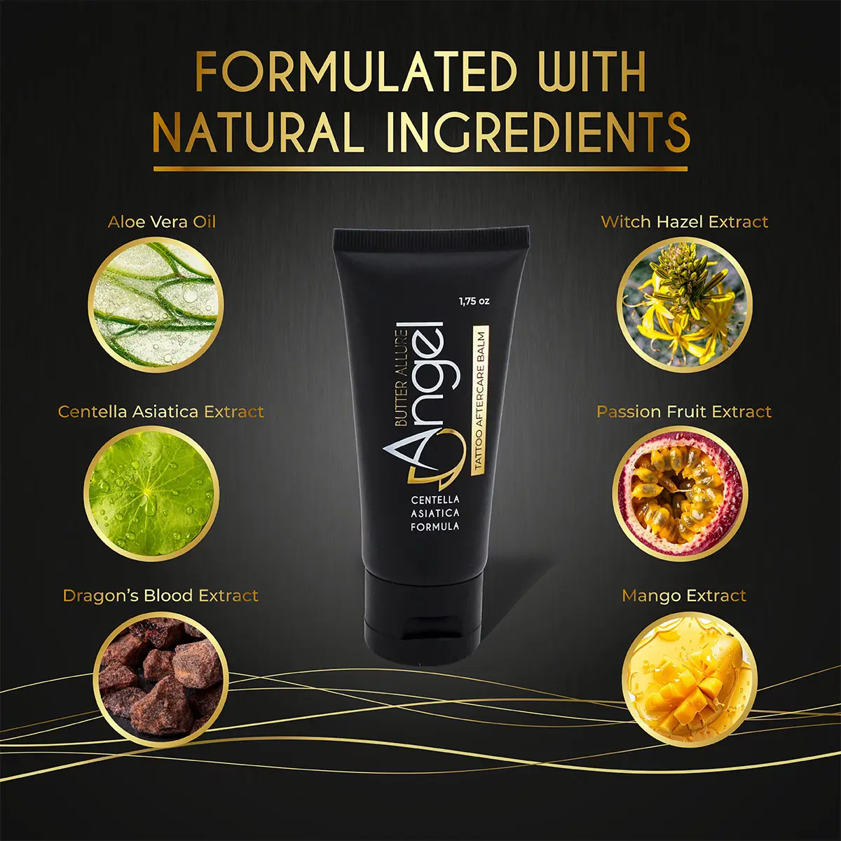 Natural ingredients graphic showing the balm and ingredients: aloe vera oil, witch hazel, centella asiatica, dragon’s blood, passion fruit, and mango.