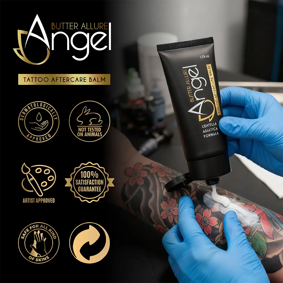 Tattoo aftercare balm being applied to a fresh tattoo by gloved hands, with icons for dermatologist approved, cruelty-free, artist approved, and satisfaction guarantee.