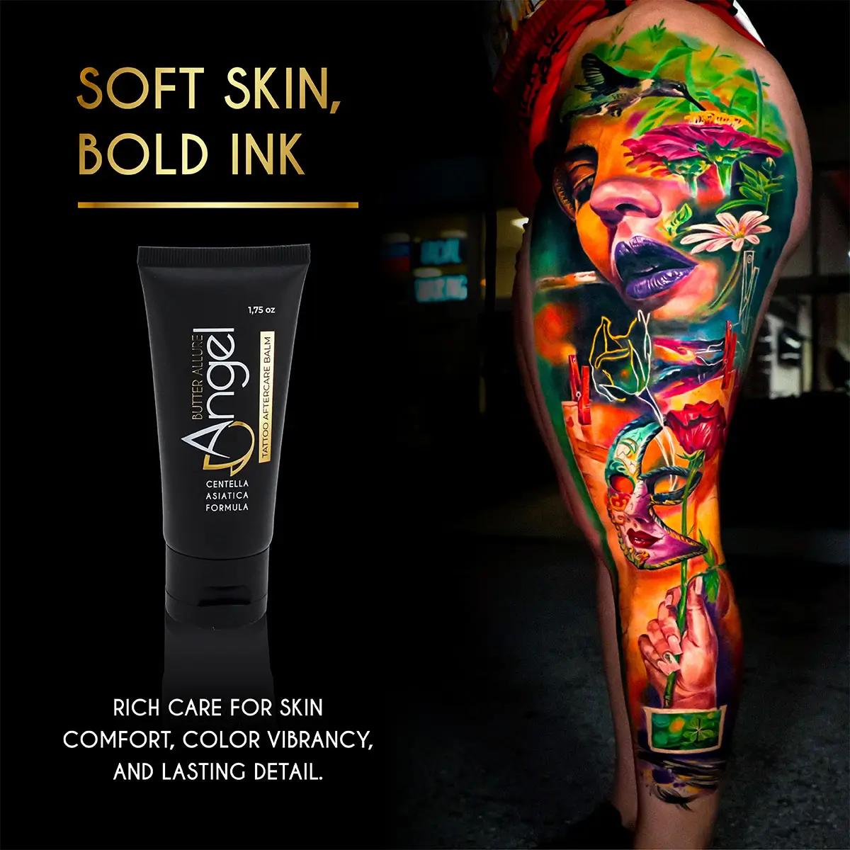 “Soft skin, bold ink” banner showing Angel Butter Allure Tattoo Aftercare Balm next to a vibrant full-color tattoo on an arm.