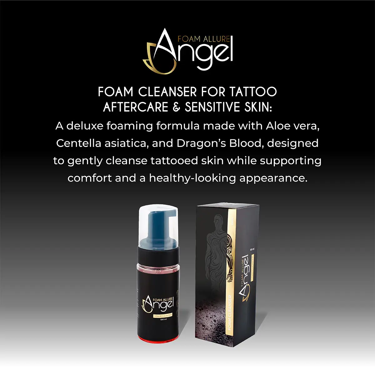 Angel Foam Allure foam cleanser promo graphic with text about tattoo aftercare and sensitive skin, bottle and box shown.