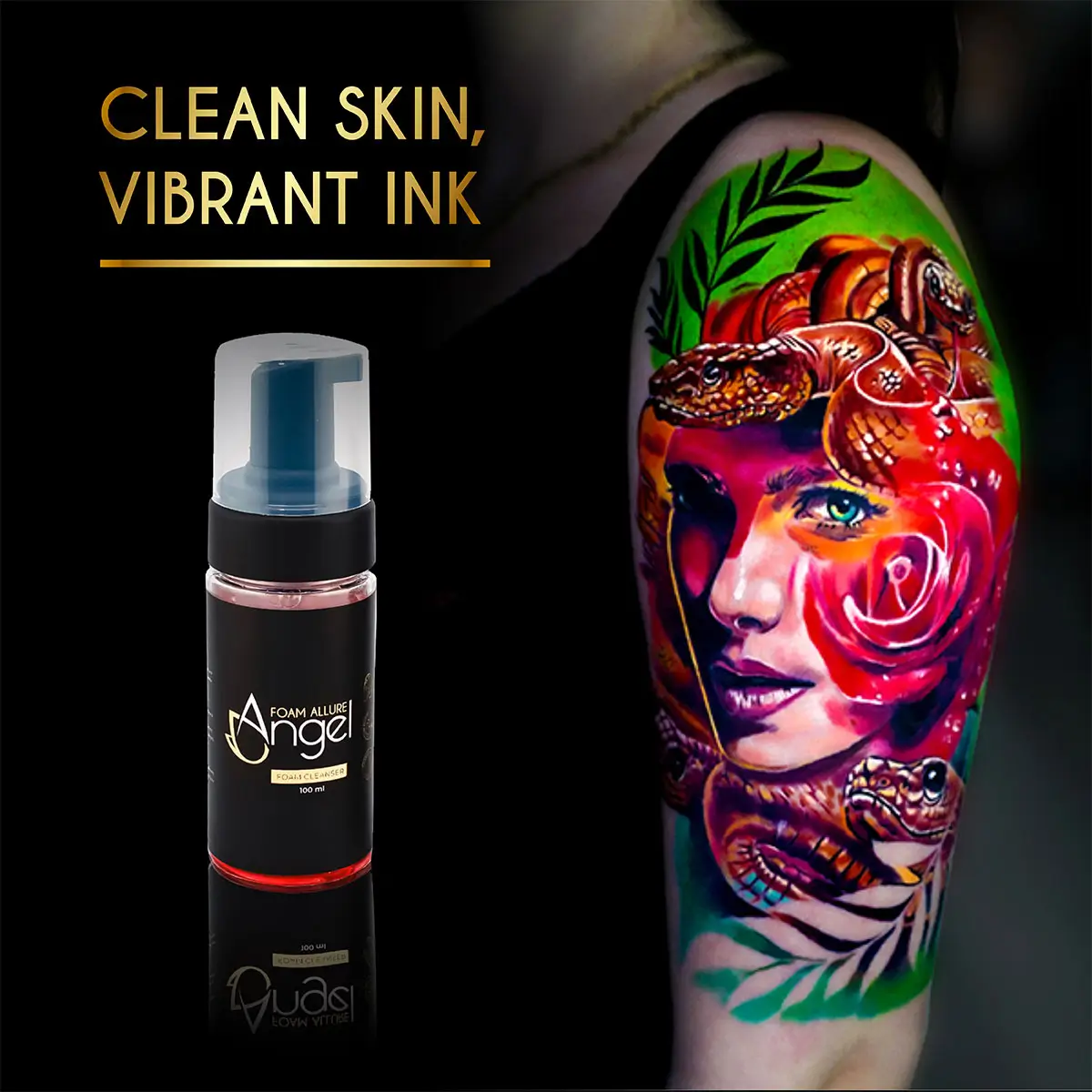 “Clean skin, vibrant ink” banner showing Angel Foam Allure 100 ml foam cleanser next to a bright, colorful tattoo on an arm.