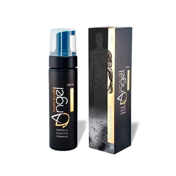 Angel Foam Allure tattoo aftercare foam cleanser 100 ml bottle with retail box, black and gold packaging on white background.